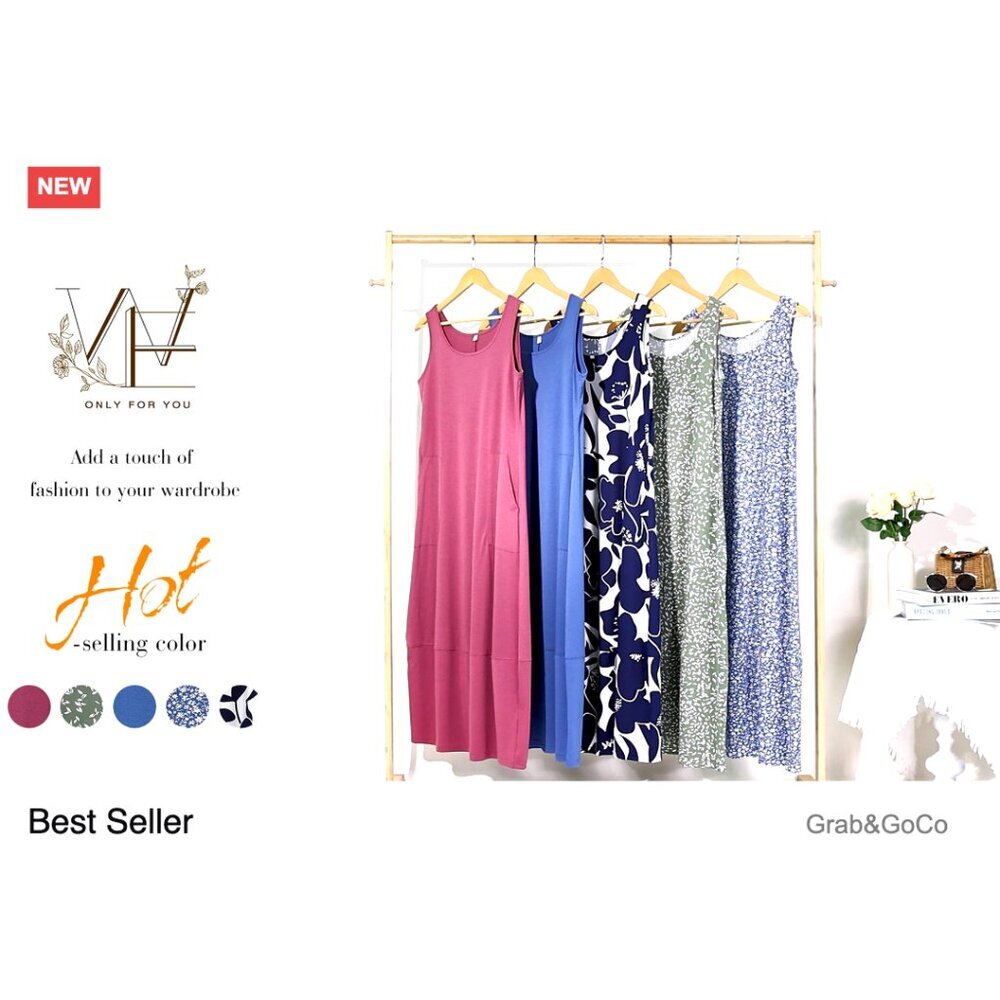 Sleeveless Boho Maxi Dress Flowy Casual Sundress with Pockets Beach Vacation - Picture 6 of 6